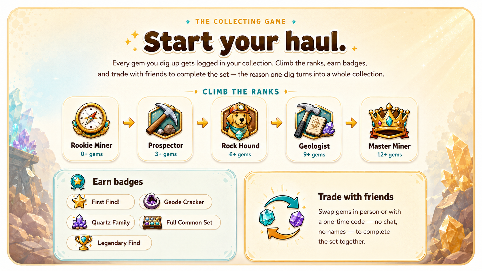 The collecting game: climb the ranks from Rookie Miner to Master Miner, earn badges like First Find and Geode Cracker, and trade gems with friends to complete the set.